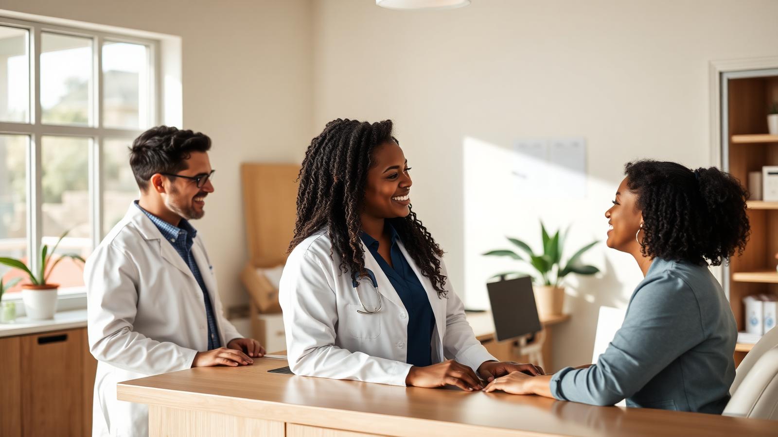 Dentist greeting a patient at the front desk of a bright clinic