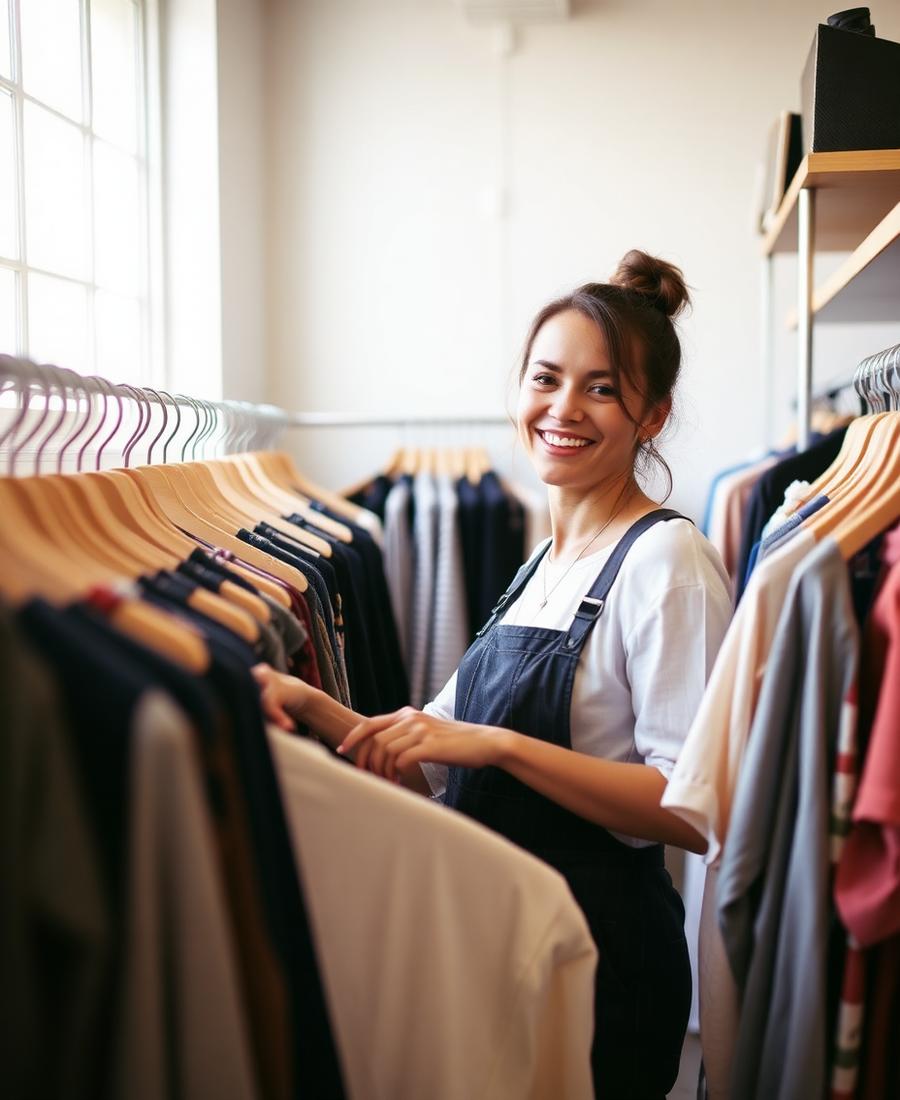 Boutique owner arranging racks in her shop